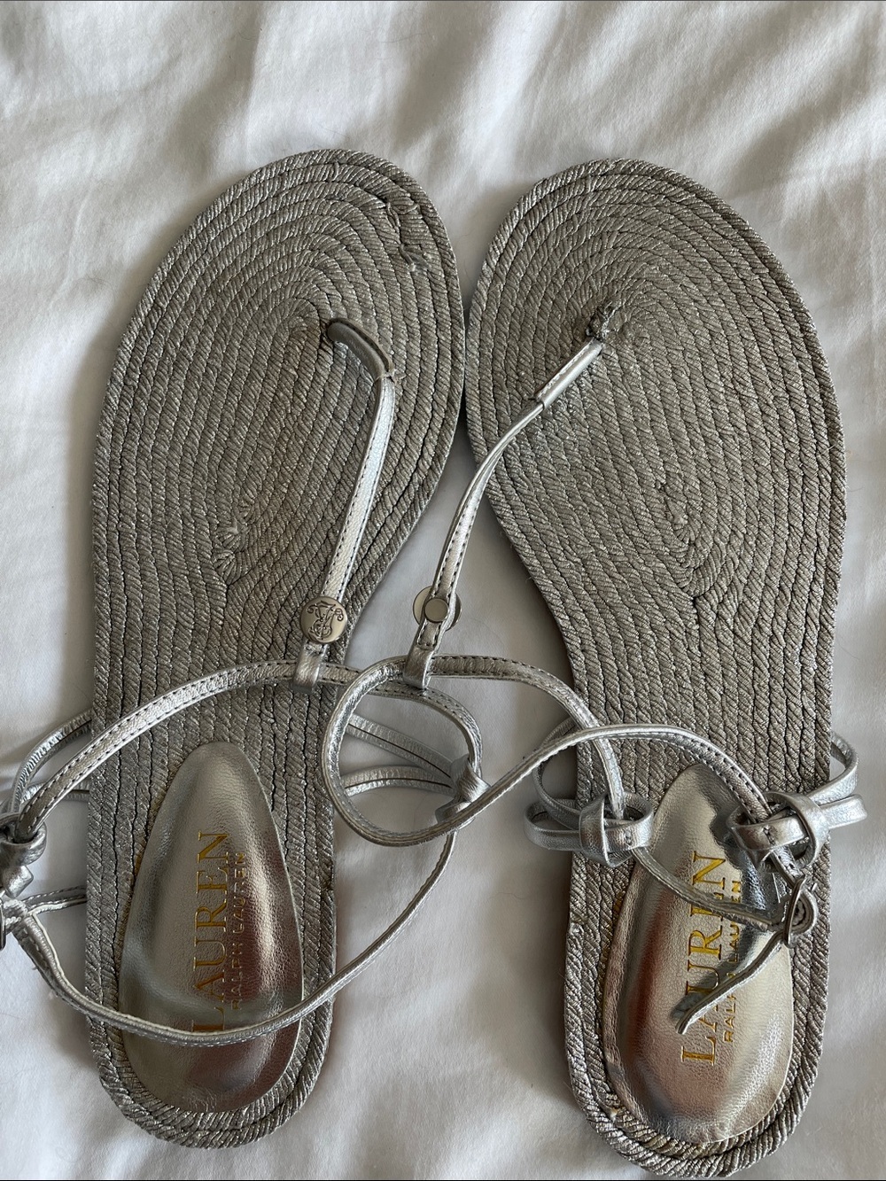 NEW!!! Ralph Lauren Metallic Silver Rope-Style T-Strap Sandals - Picture 5 of 9